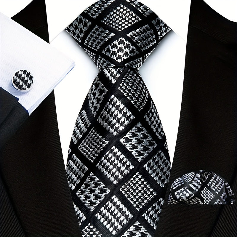 3pcs/set Plaid Pattern Tie Pocket Scarf Cuff Set for Suits - Premium Polyester Woven Accessories - Ideal Gift Choice for Mens Formal Occasions