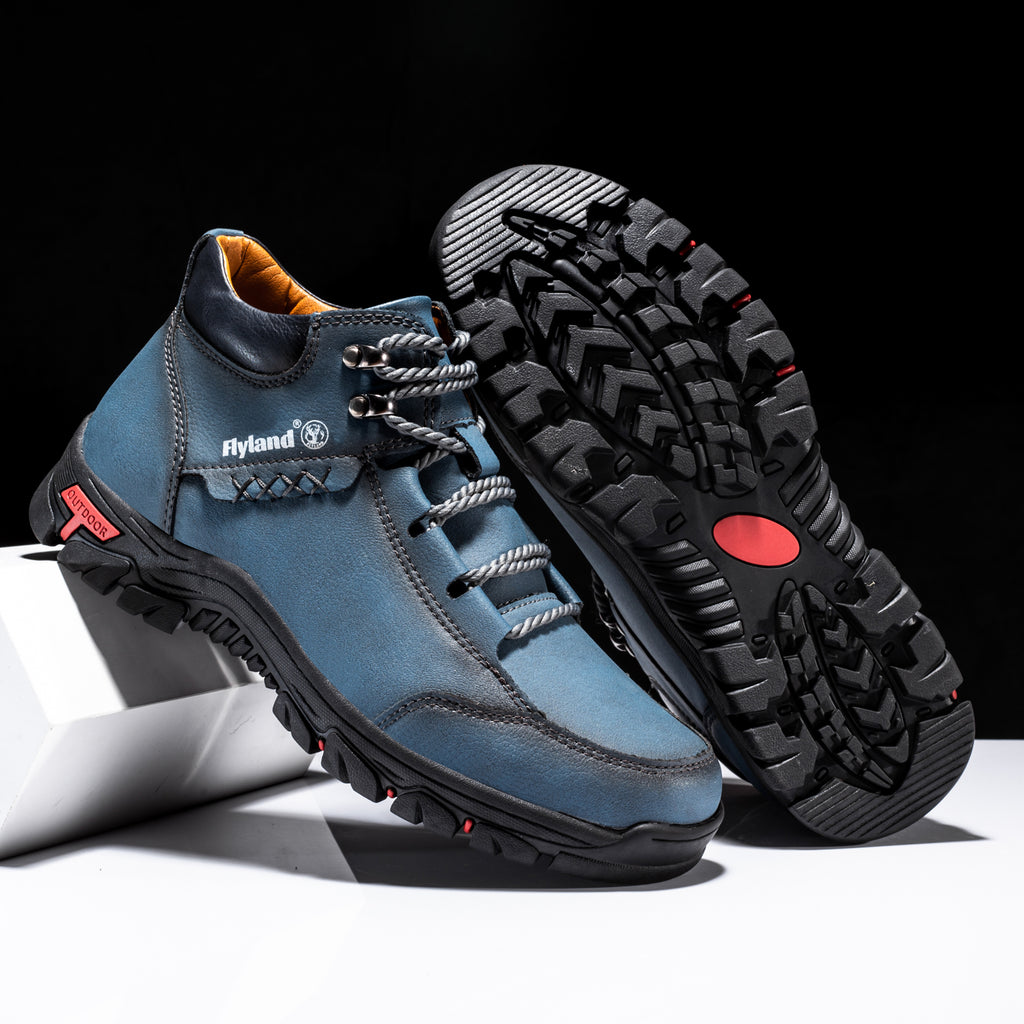 FLYLAND Men's Chukka Boots - Breathable Lace-Up Hiking, Trekking & Casual Winter Shoes, All-Terrain Rubber Sole - Black/Red/Grey