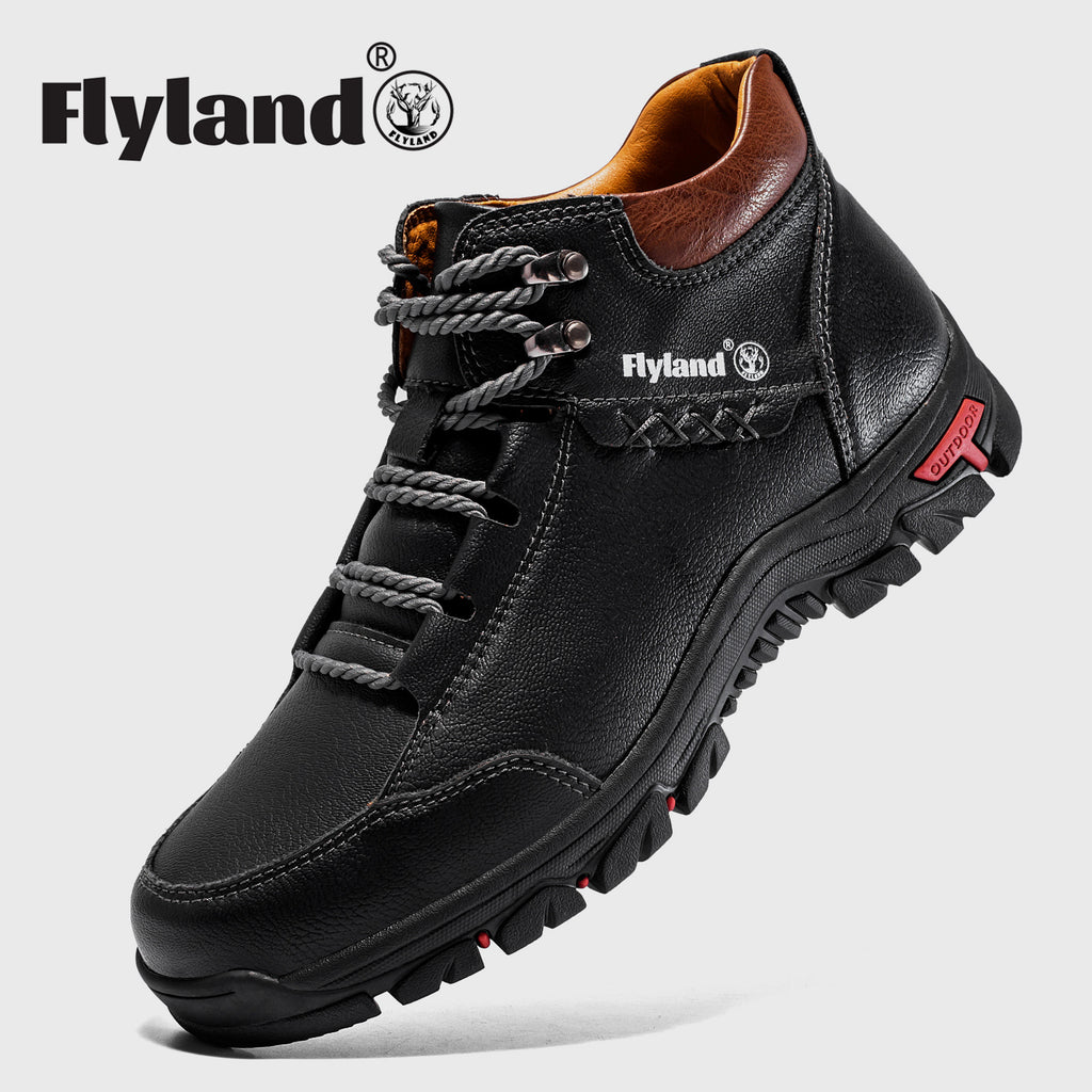 FLYLAND Men's Chukka Boots - Breathable Lace-Up Hiking, Trekking & Casual Winter Shoes, All-Terrain Rubber Sole - Black/Red/Grey