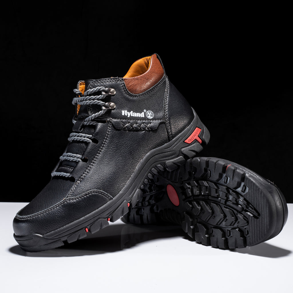 FLYLAND Men's Chukka Boots - Breathable Lace-Up Hiking, Trekking & Casual Winter Shoes, All-Terrain Rubber Sole - Black/Red/Grey