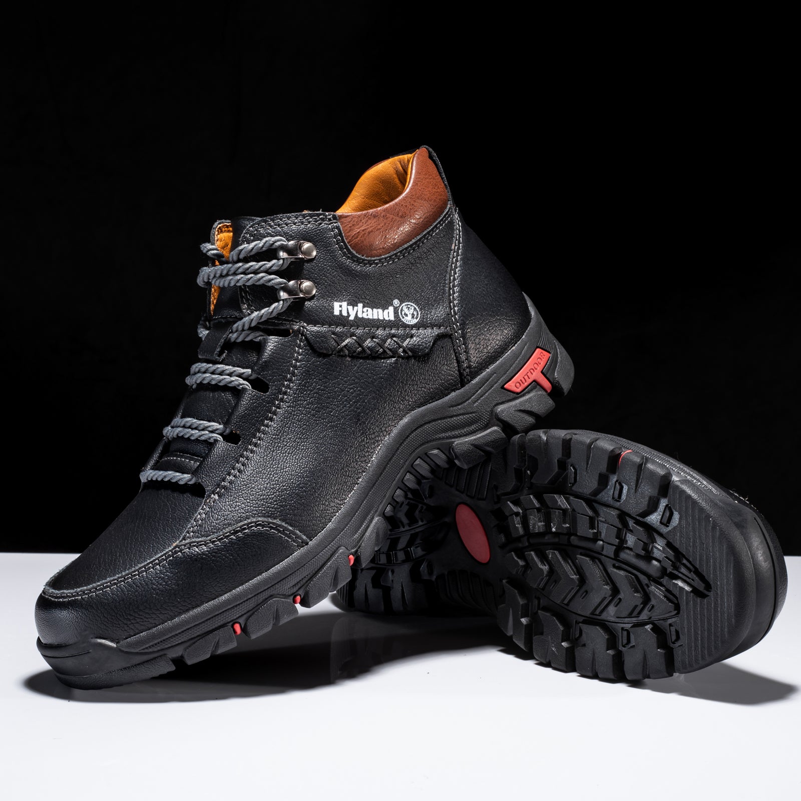 FLYLAND Men's Chukka Boots - Breathable Lace-Up Hiking, Trekking & Casual Winter Shoes, All-Terrain Rubber Sole - Black/Red/Grey
