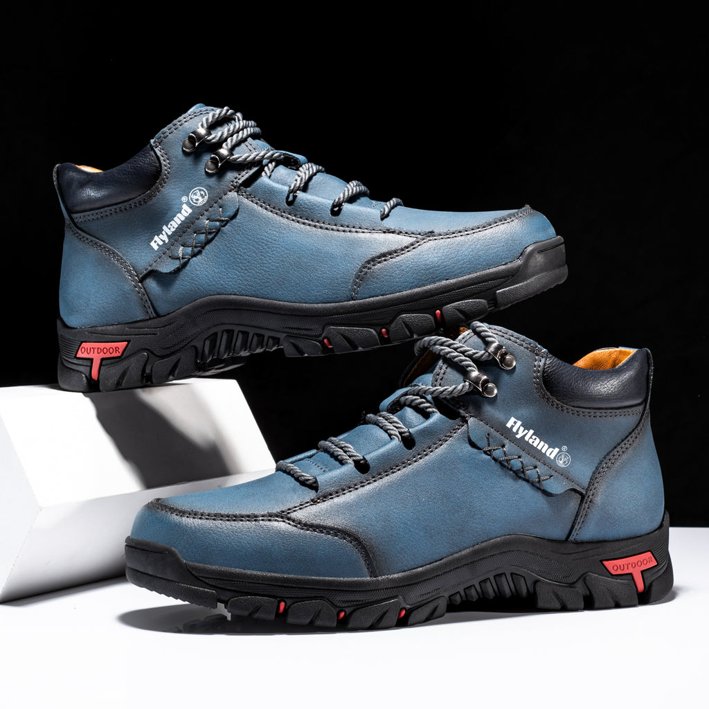 FLYLAND Men's Chukka Boots - Breathable Lace-Up Hiking, Trekking & Casual Winter Shoes, All-Terrain Rubber Sole - Black/Red/Grey