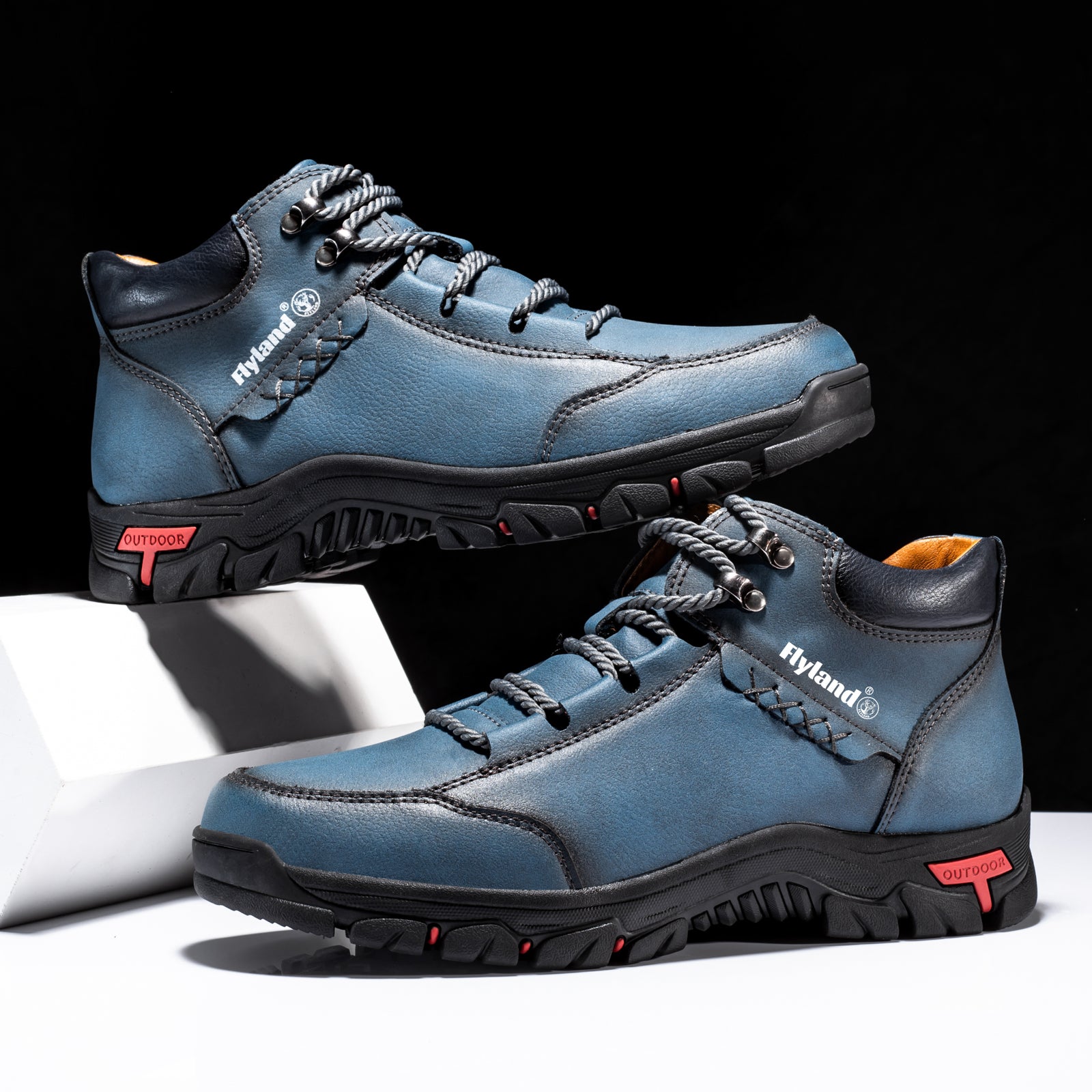 FLYLAND Men's Chukka Boots - Breathable Lace-Up Hiking, Trekking & Casual Winter Shoes, All-Terrain Rubber Sole - Black/Red/Grey