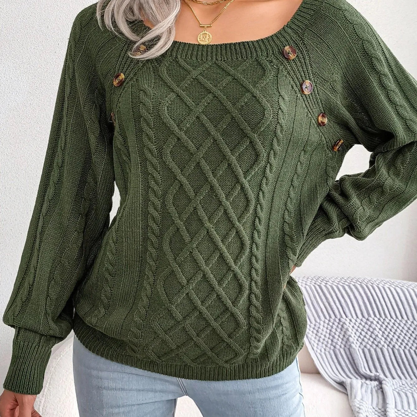 Women's Sweater Round Neck Texture Button Lantern Sleeve Sweater