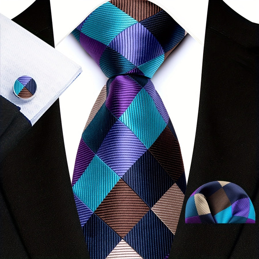 3pcs/set Plaid Pattern Tie Pocket Scarf Cuff Set for Suits - Premium Polyester Woven Accessories - Ideal Gift Choice for Mens Formal Occasions