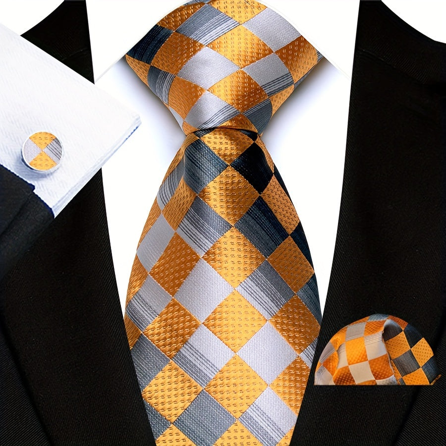3pcs/set Plaid Pattern Tie Pocket Scarf Cuff Set for Suits - Premium Polyester Woven Accessories - Ideal Gift Choice for Mens Formal Occasions