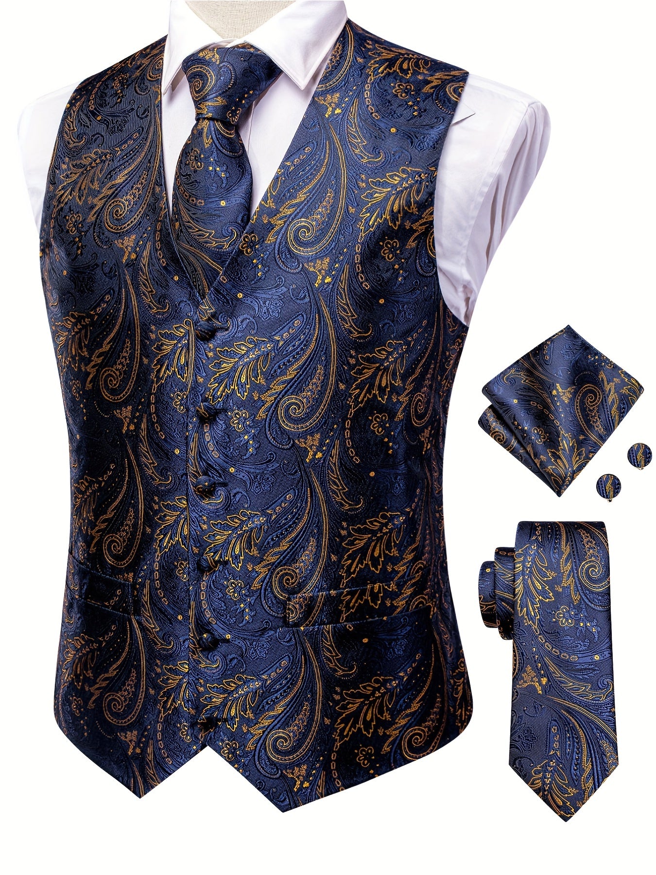 Premium Men's Paisley Waistcoat Set - Sleeveless Vest, Tie, Cufflinks & Hanky for Formal Events & Parties