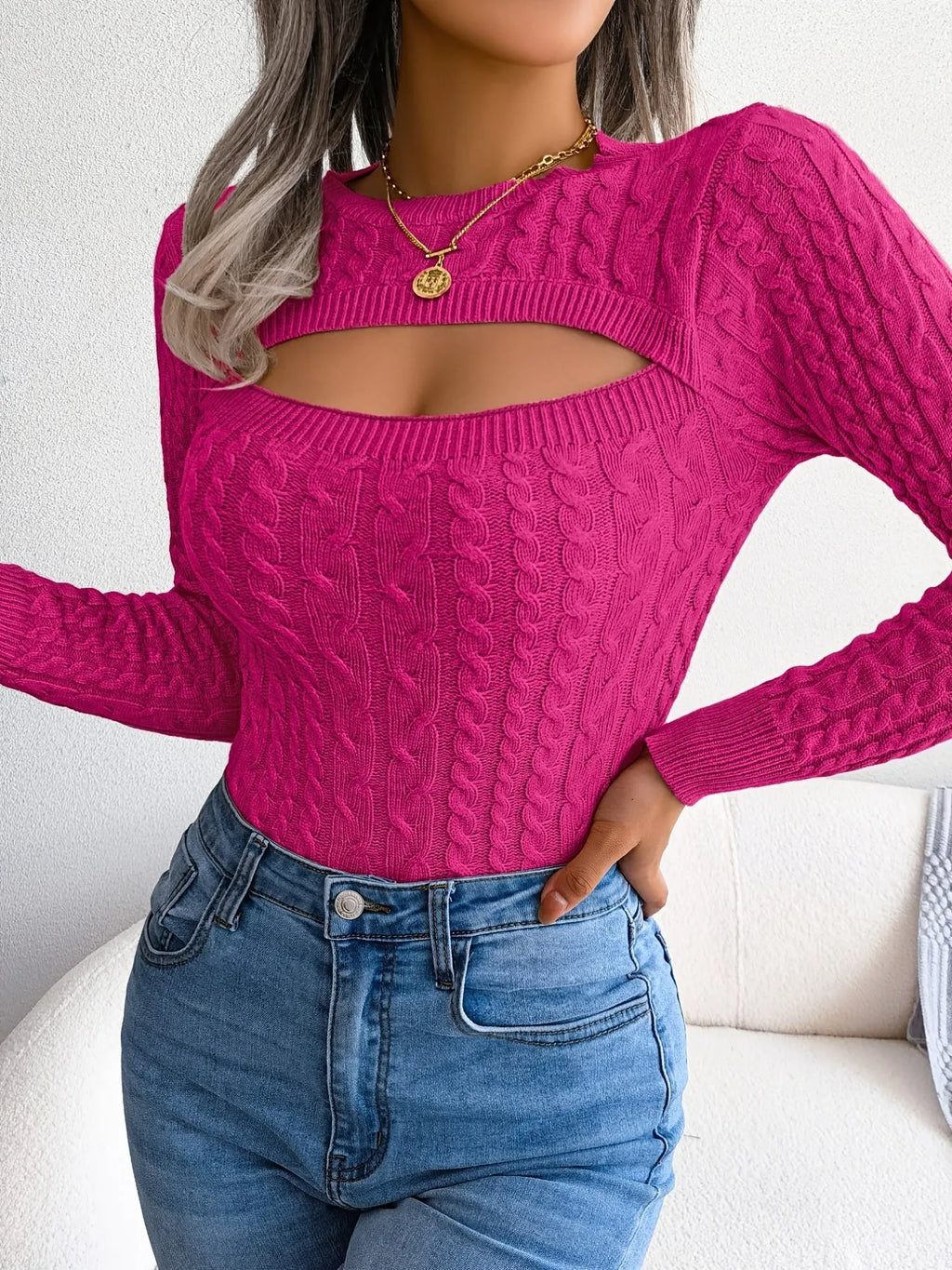 Women'S Sexy Hollow-Out Knit Pullover Sweater, Long Sleeve Crew Neck