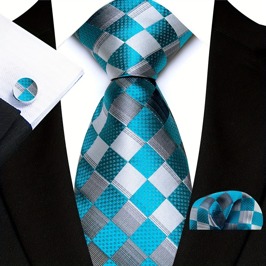 3pcs/set Plaid Pattern Tie Pocket Scarf Cuff Set for Suits - Premium Polyester Woven Accessories - Ideal Gift Choice for Mens Formal Occasions