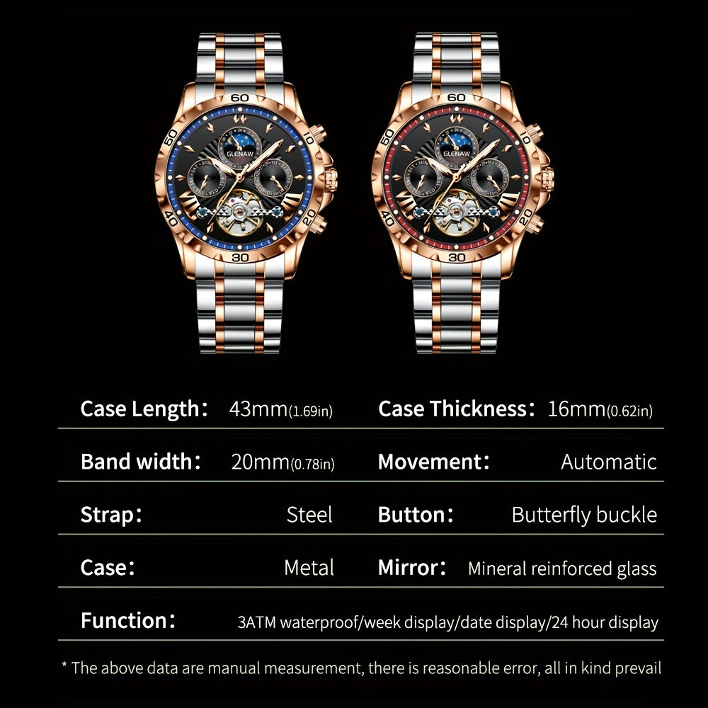 Premium Mens Automatic Mechanical Watch - 24H Dial, Date & Day Display, Self-Winding - Stylish Timekeeping for Everyday Wear