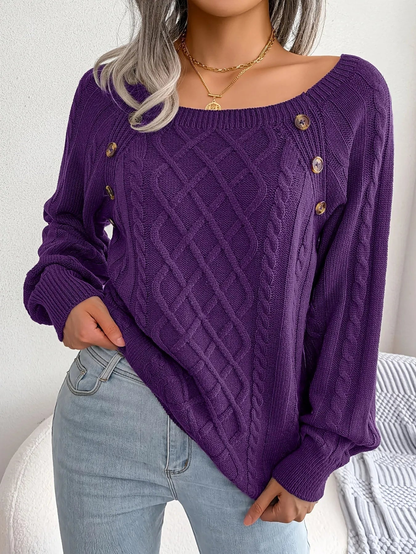 Women's Sweater Round Neck Texture Button Lantern Sleeve Sweater