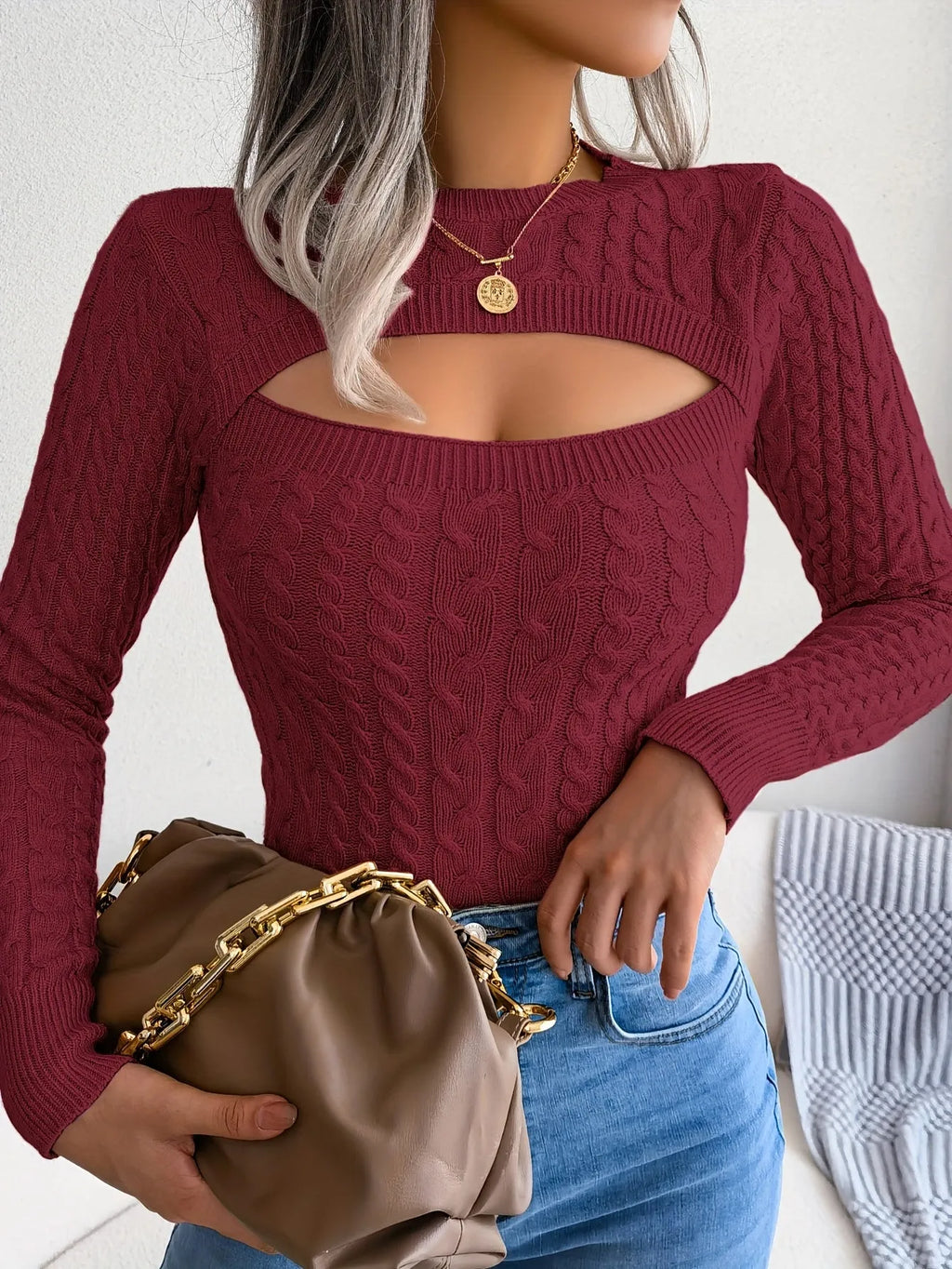 Women'S Sexy Hollow-Out Knit Pullover Sweater, Long Sleeve Crew Neck