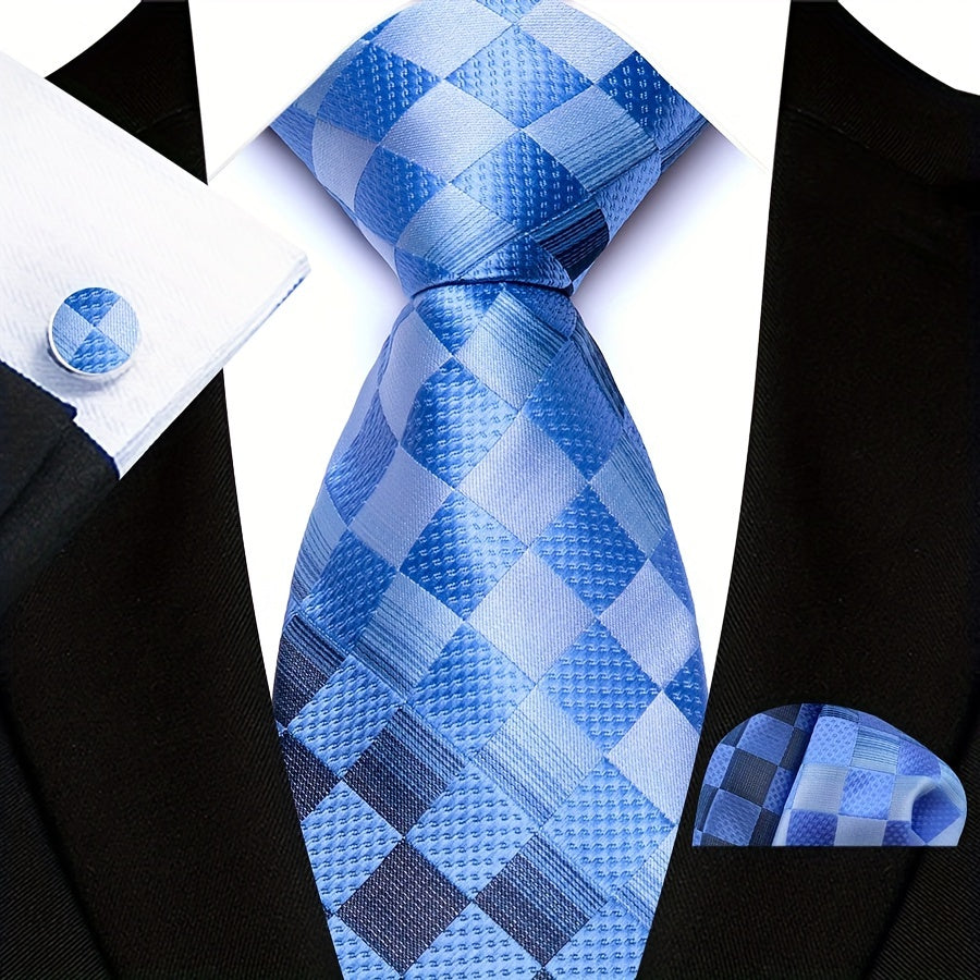 3pcs/set Plaid Pattern Tie Pocket Scarf Cuff Set for Suits - Premium Polyester Woven Accessories - Ideal Gift Choice for Mens Formal Occasions