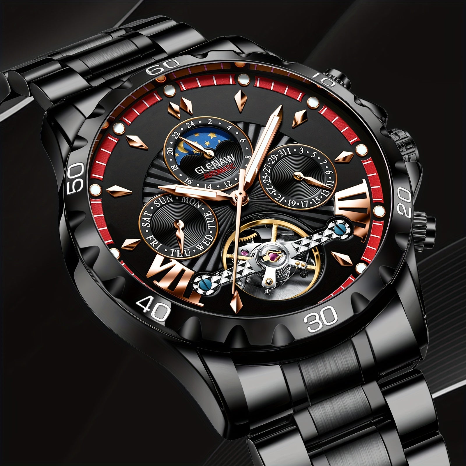 Premium Mens Automatic Mechanical Watch - 24H Dial, Date & Day Display, Self-Winding - Stylish Timekeeping for Everyday Wear