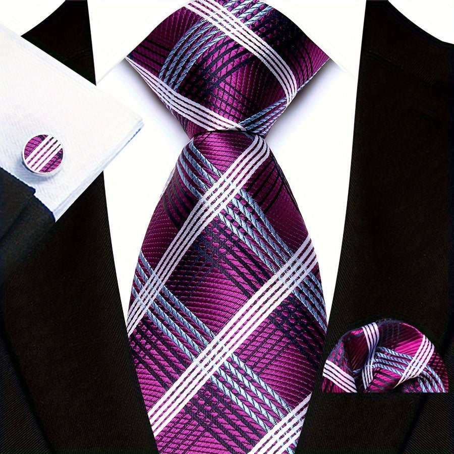 3pcs/set Plaid Pattern Tie Pocket Scarf Cuff Set for Suits - Premium Polyester Woven Accessories - Ideal Gift Choice for Mens Formal Occasions