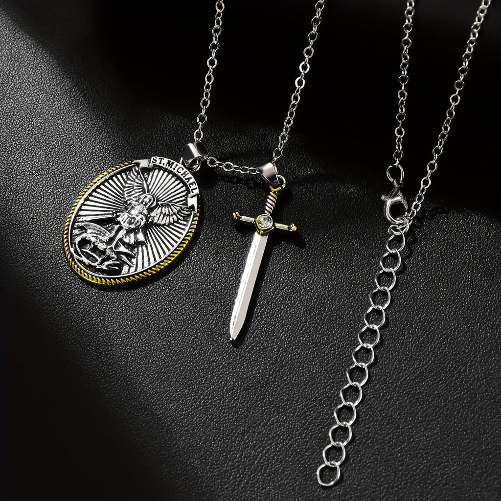 1pc Mens Fashionable Vintage-Inspired Oval Shield Knight Sword Necklace Pendant - Durable Alloy Material - Unique Gift for Him