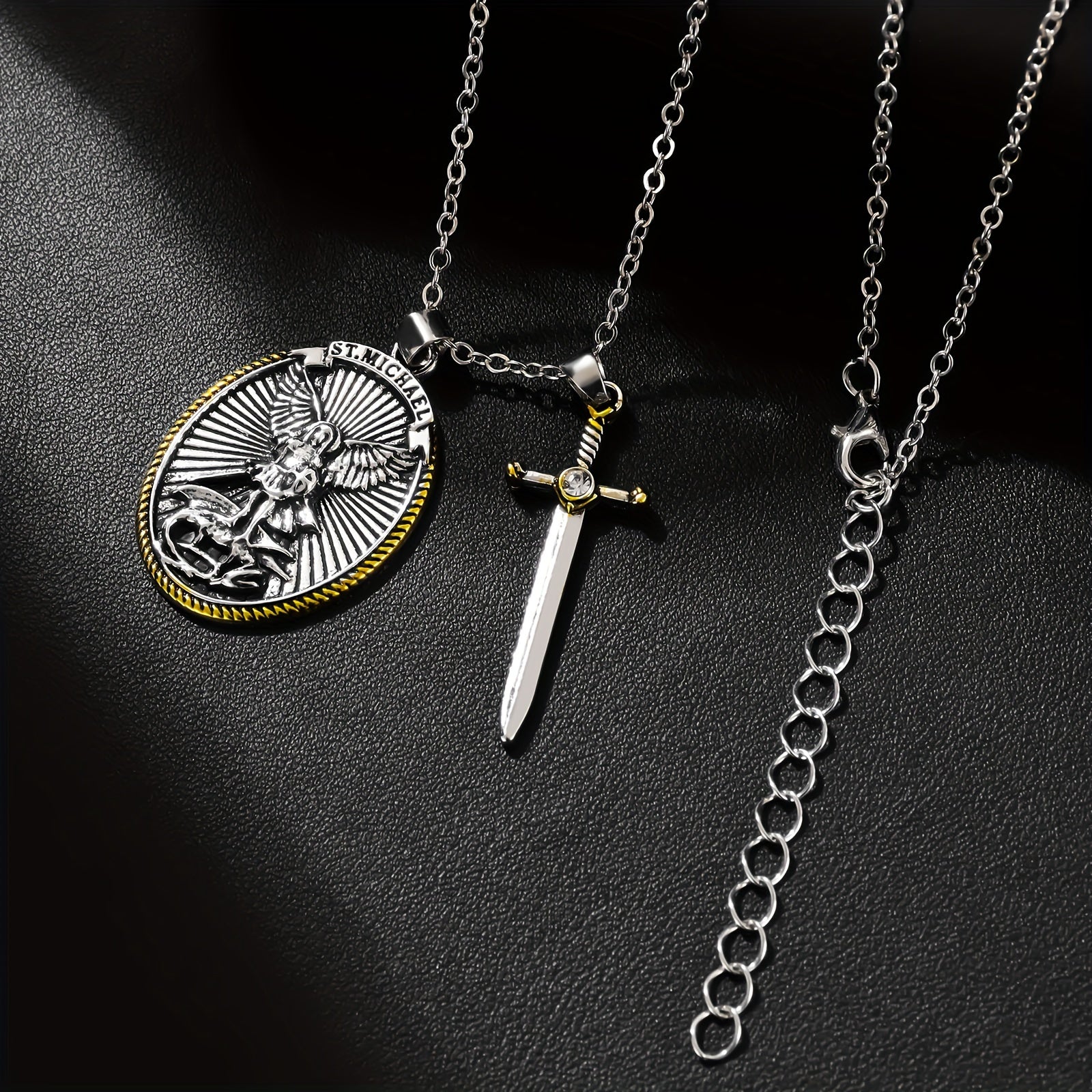 1pc Mens Fashionable Vintage-Inspired Oval Shield Knight Sword Necklace Pendant - Durable Alloy Material - Unique Gift for Him