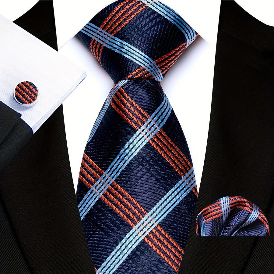 3pcs/set Plaid Pattern Tie Pocket Scarf Cuff Set for Suits - Premium Polyester Woven Accessories - Ideal Gift Choice for Mens Formal Occasions