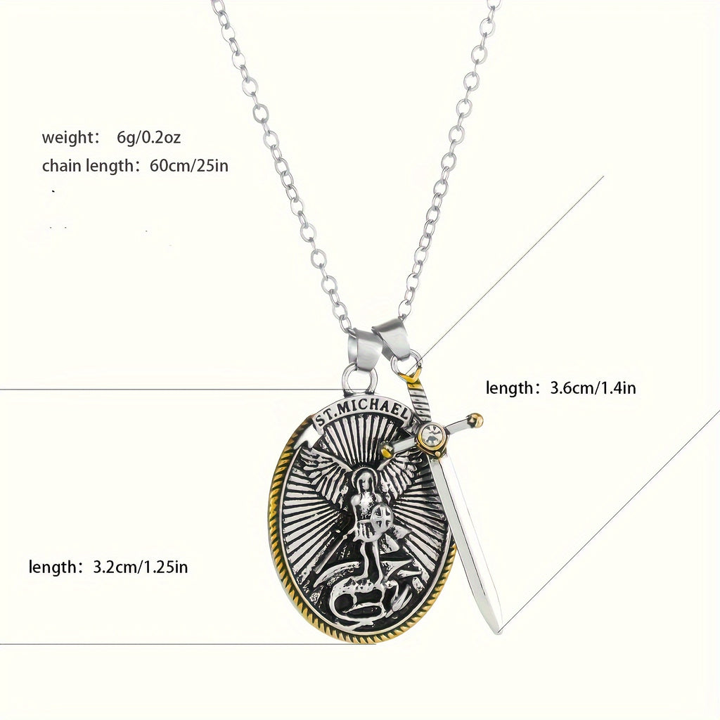 1pc Mens Fashionable Vintage-Inspired Oval Shield Knight Sword Necklace Pendant - Durable Alloy Material - Unique Gift for Him
