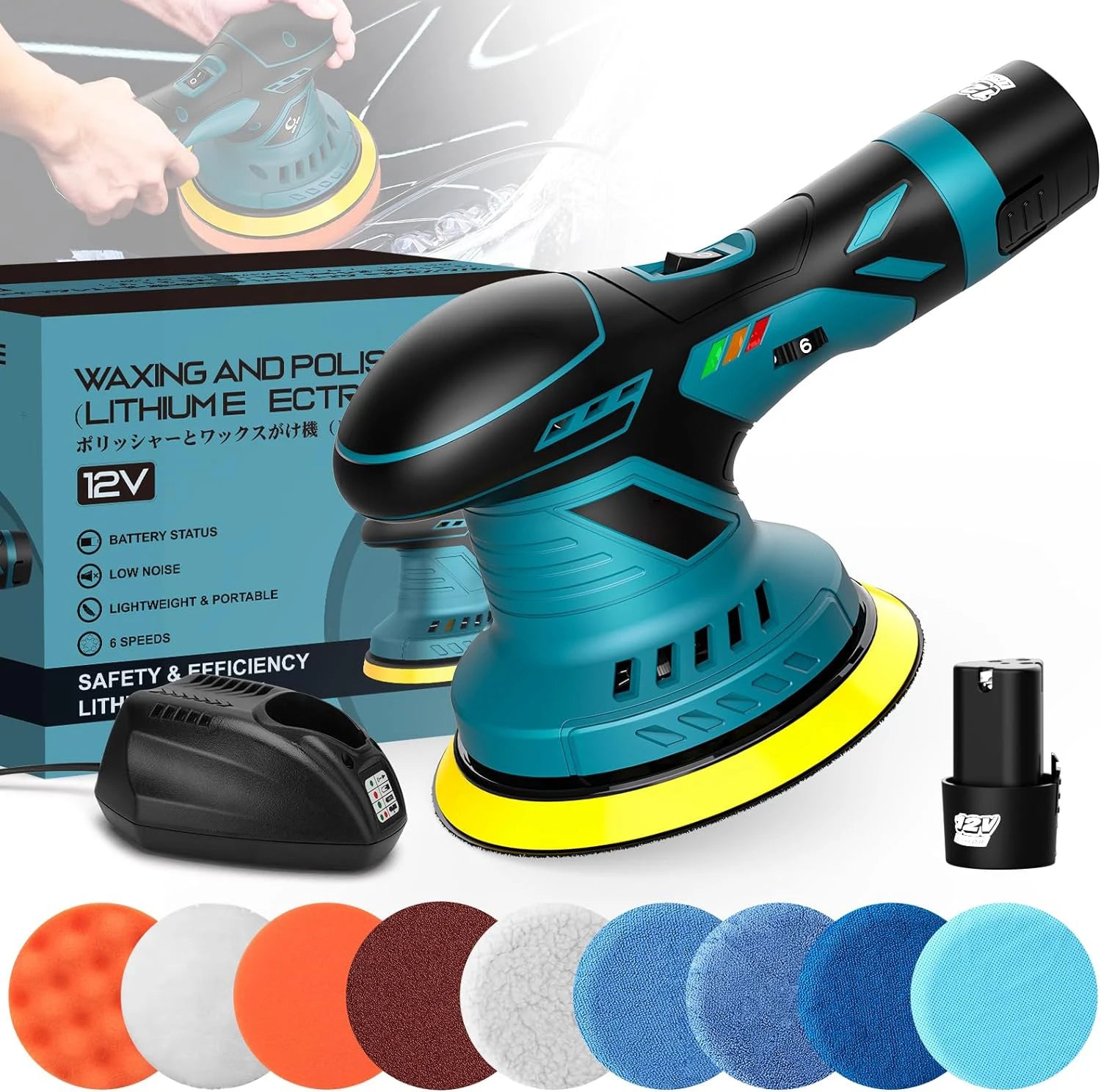 6 Gears Cordless Car Polisher 12V Wireless Car Polishing Machine 2pcs 2.0Ah Battery Power Tool Electric Waxing Repairing Sander - trendingshoping.com