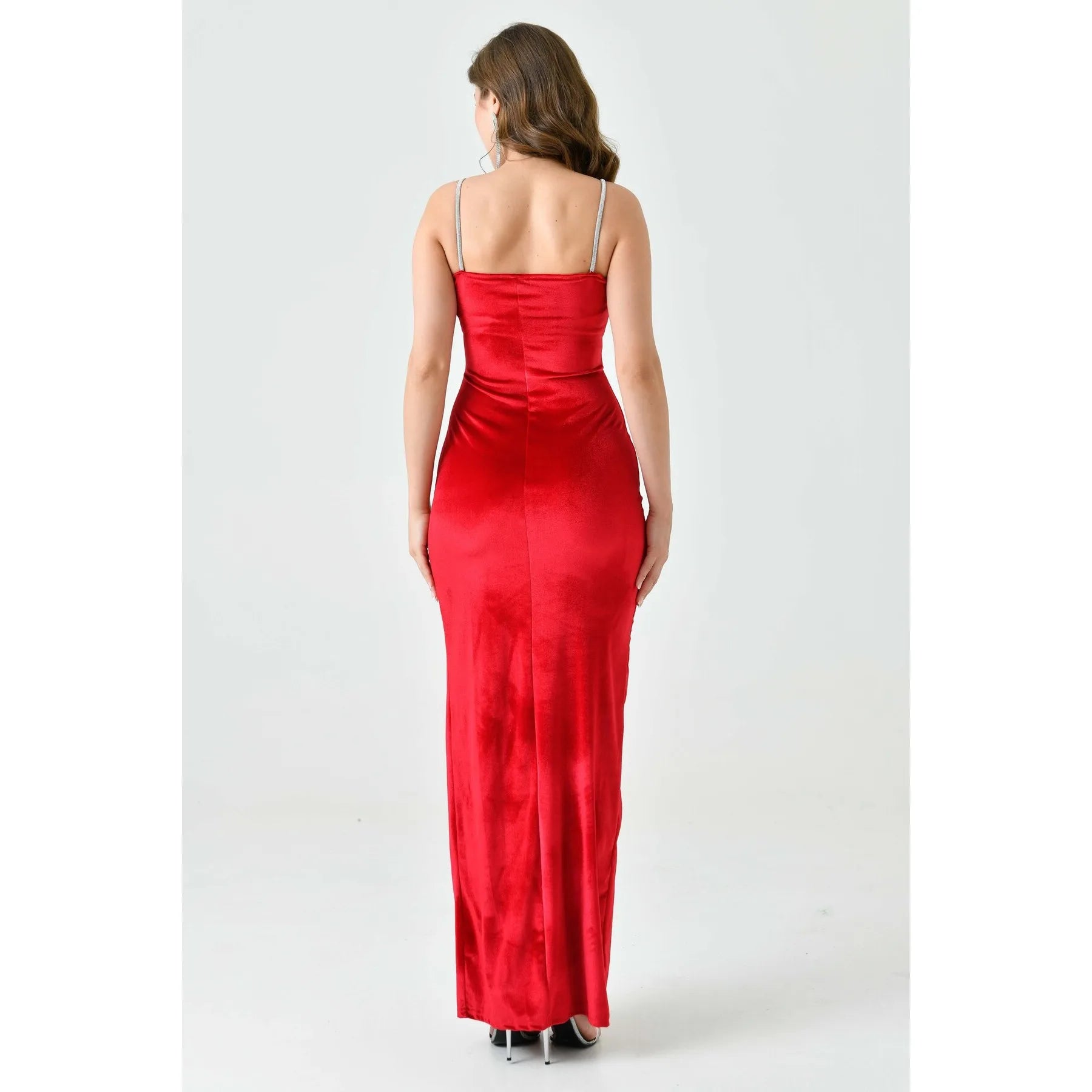 Casual Red Velvet Maxi Dress with Gothic Square Collar Natural Waist Polyester Floor-Length Model 582335