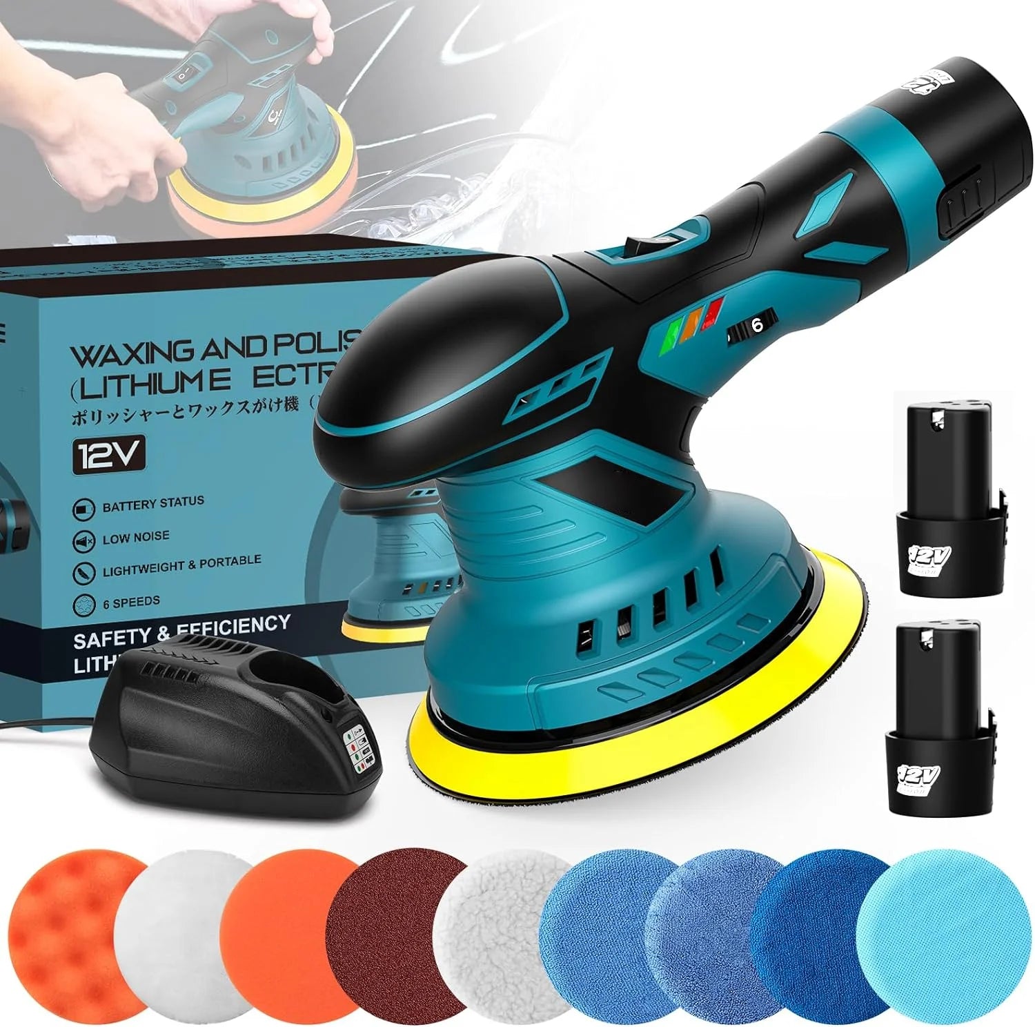 6 Gears Cordless Car Polisher 12V Wireless Car Polishing Machine 2pcs 2.0Ah Battery Power Tool Electric Waxing Repairing Sander - trendingshoping.com