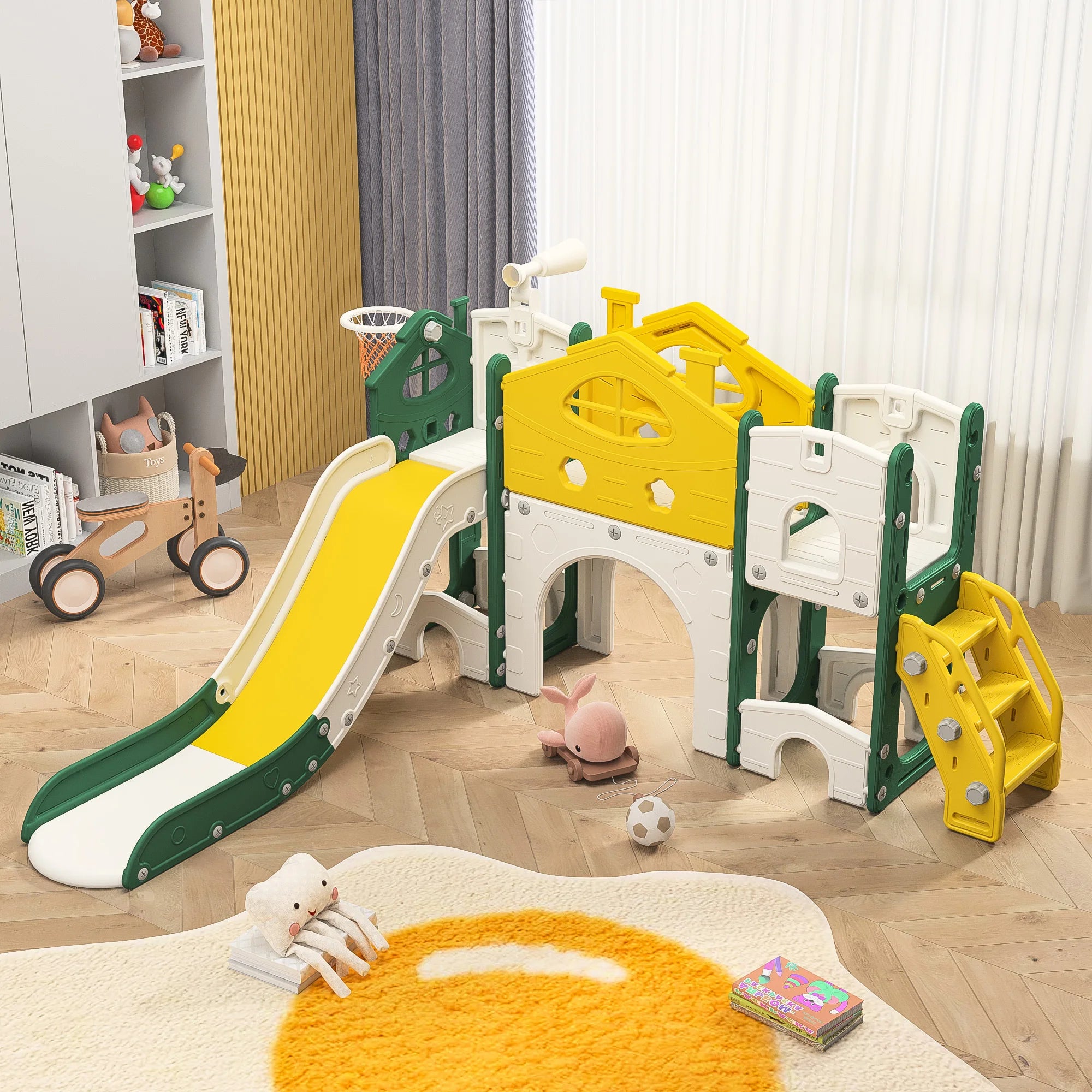 7 in1 Children's Slide, Children's Playground with Roof and Storage Space, with Aisles and Stairs, with Baskets and Telescope - trendingshoping.com