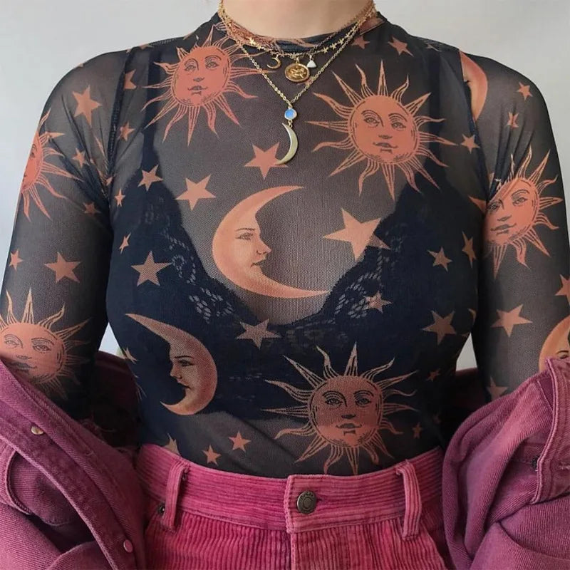 Women Mesh Long Sleeve T-Shirt Sun Moon Print Casual Top