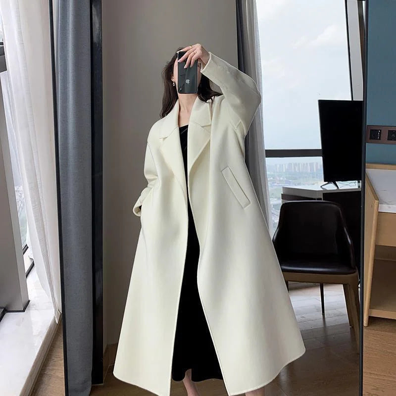 White Woolen Coat Women Autumn And Winter High-End Fashion Temperament Long Thick Blended Wool Windbreaker Female Jacket Belt 99 - trendingshoping.com