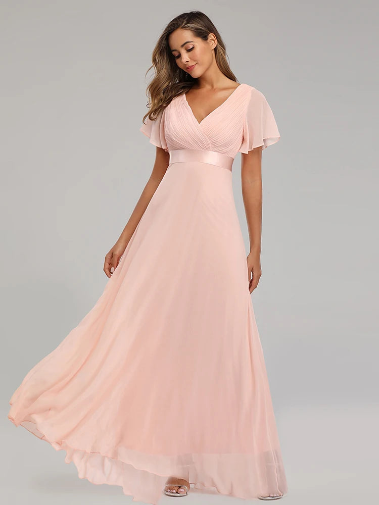 XUCTHHC Women's Elegant V-Neck Chiffon Evening Gown - Ruffle Formal Wedding Guest Dress