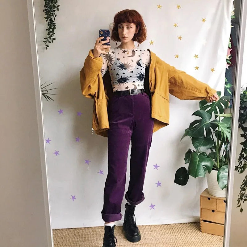 Women Mesh Long Sleeve T-Shirt Sun Moon Print Casual Top