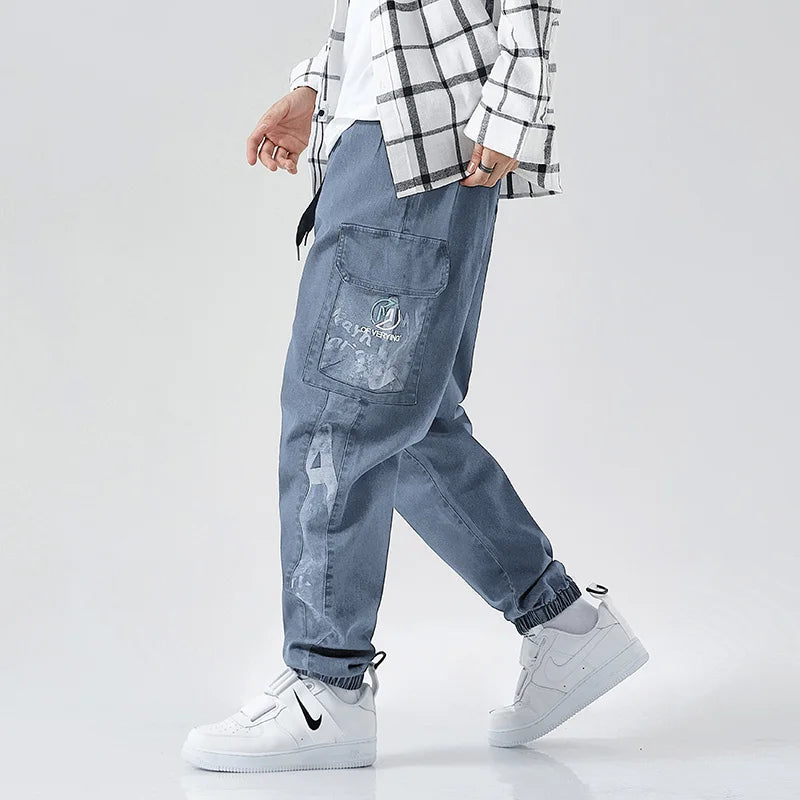 Mens Plus Size Loose Jogger Jeans Harem Cargo Ankle Length Denim Trousers