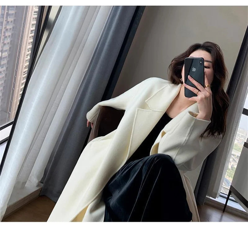 White Woolen Coat Women Autumn And Winter High-End Fashion Temperament Long Thick Blended Wool Windbreaker Female Jacket Belt 99 - trendingshoping.com