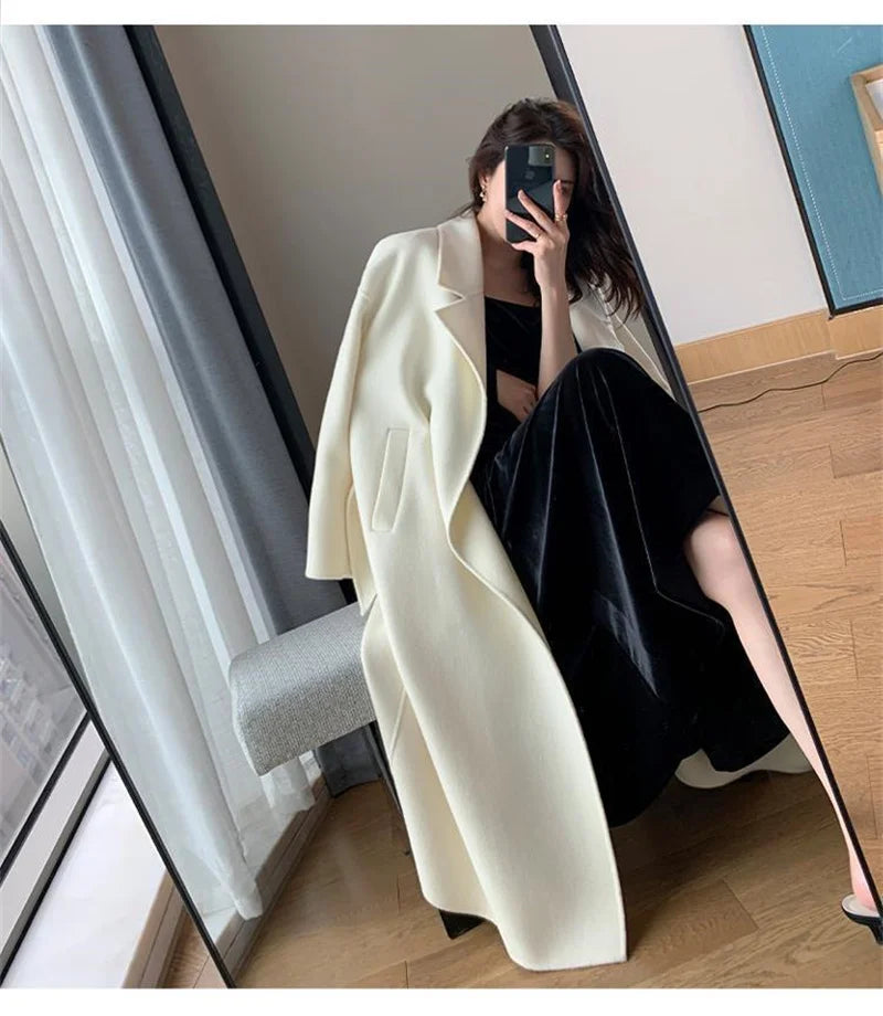 White Woolen Coat Women Autumn And Winter High-End Fashion Temperament Long Thick Blended Wool Windbreaker Female Jacket Belt 99 - trendingshoping.com