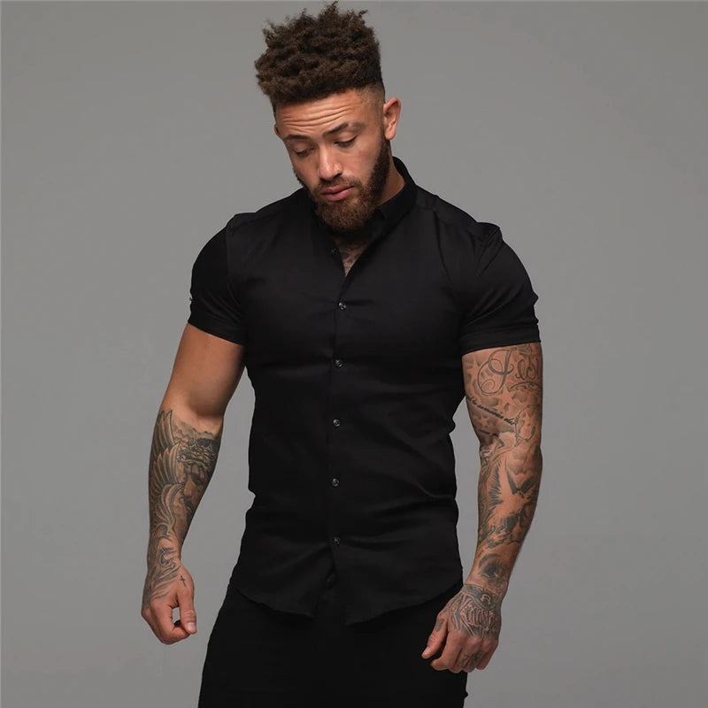 Men’s Summer Short Sleeve Slim Fit Solid Dress Shirt Business Casual Top