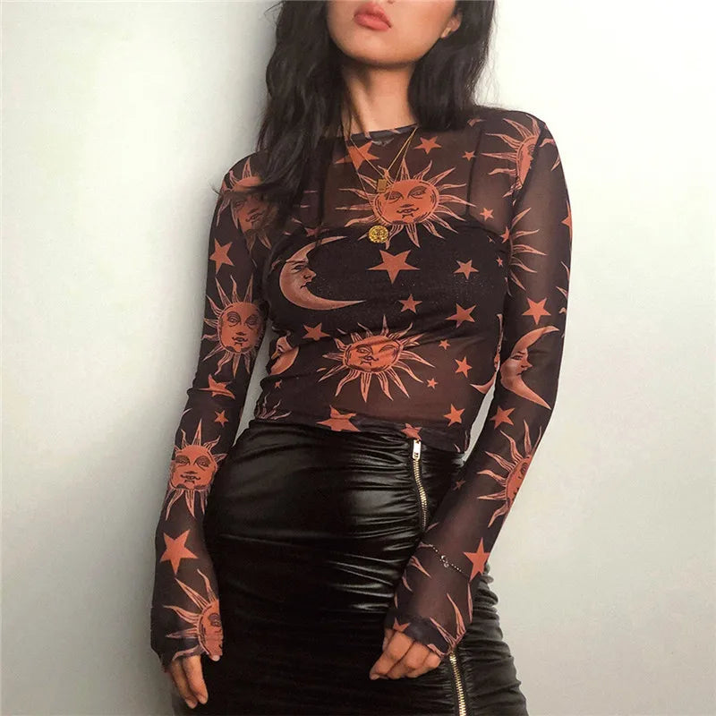 Women Mesh Long Sleeve T-Shirt Sun Moon Print Casual Top