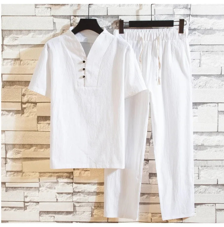 Men’s Summer Cotton Linen Shirt and Pants Set