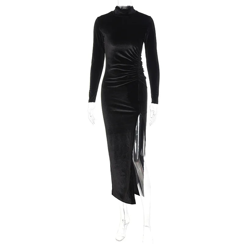 Women Long Sleeve Velvet Midi Dress Ruched Bodycon Style