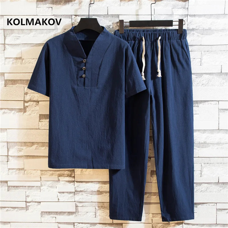 Men’s Summer Cotton Linen Shirt and Pants Set