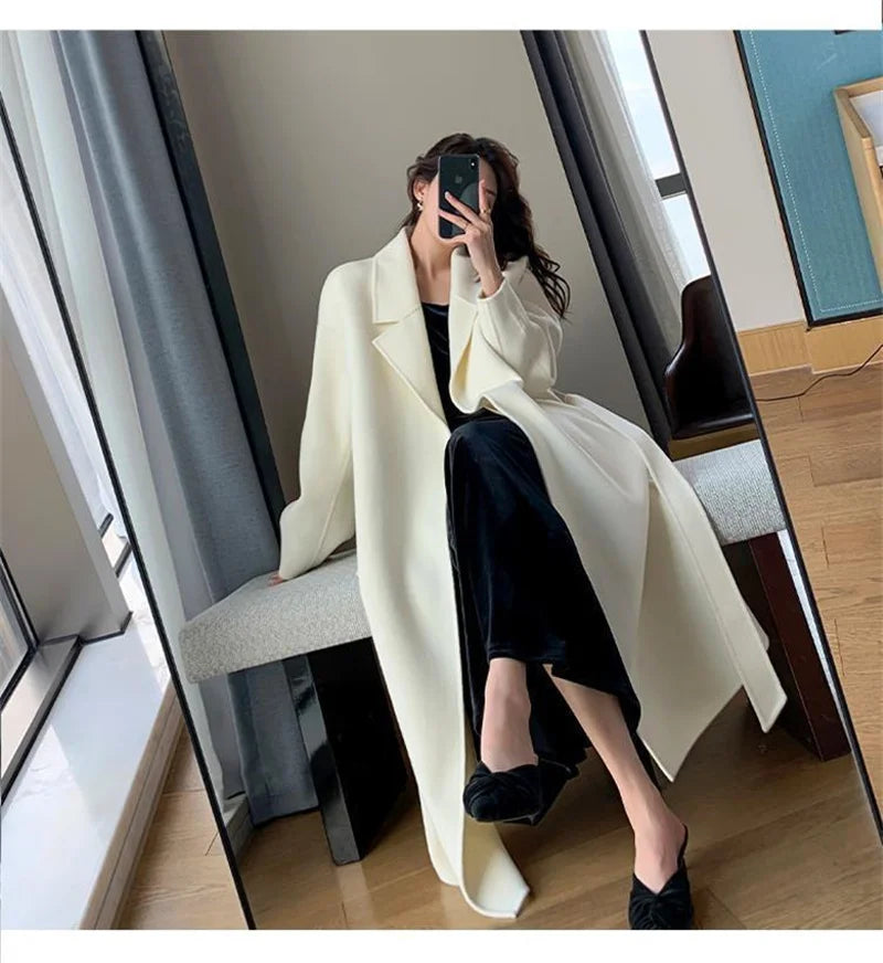 White Woolen Coat Women Autumn And Winter High-End Fashion Temperament Long Thick Blended Wool Windbreaker Female Jacket Belt 99 - trendingshoping.com