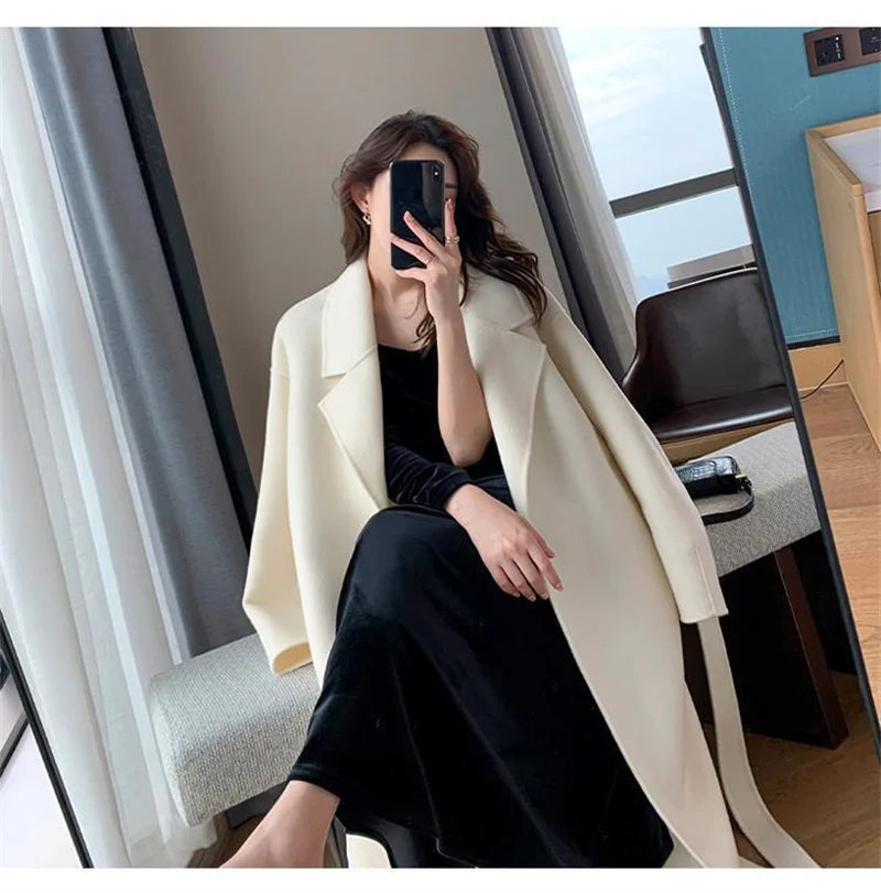 White Woolen Coat Women Autumn And Winter High-End Fashion Temperament Long Thick Blended Wool Windbreaker Female Jacket Belt 99 - trendingshoping.com