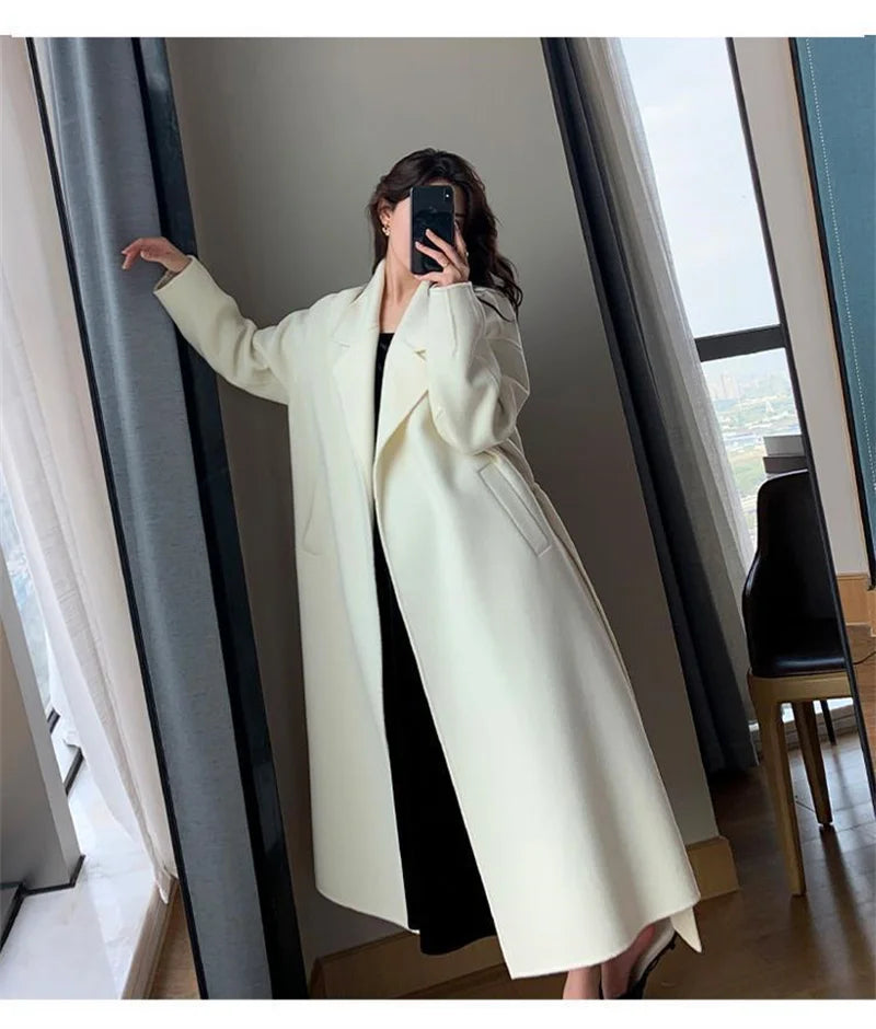 White Woolen Coat Women Autumn And Winter High-End Fashion Temperament Long Thick Blended Wool Windbreaker Female Jacket Belt 99 - trendingshoping.com