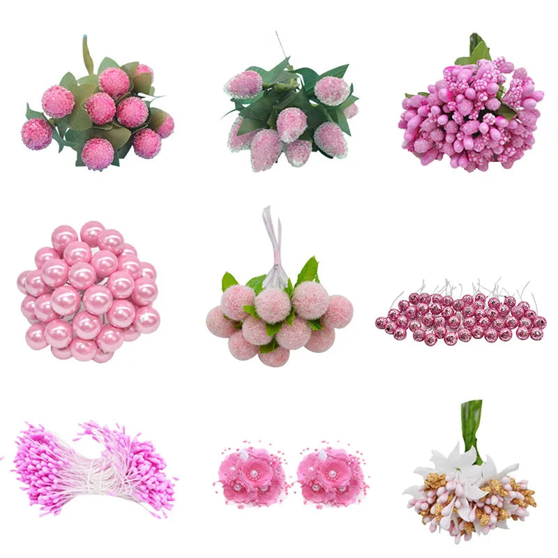 Mixed Pink Plant Flower Cherry Stamen Berries Bundle DIY Christmas Wedding Cake Gift Box Wreaths Decor