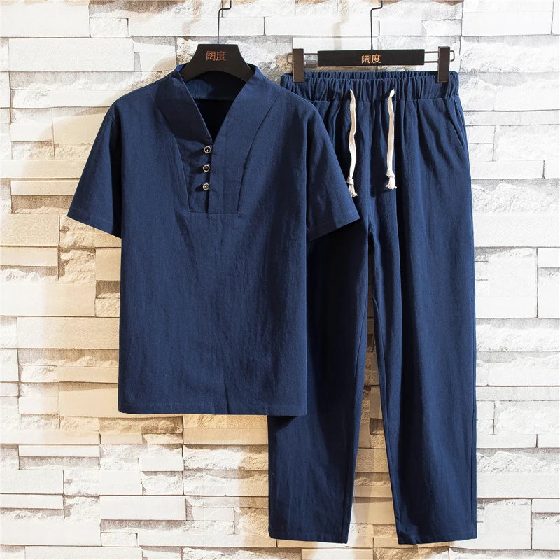 Men’s Summer Cotton Linen Shirt and Pants Set