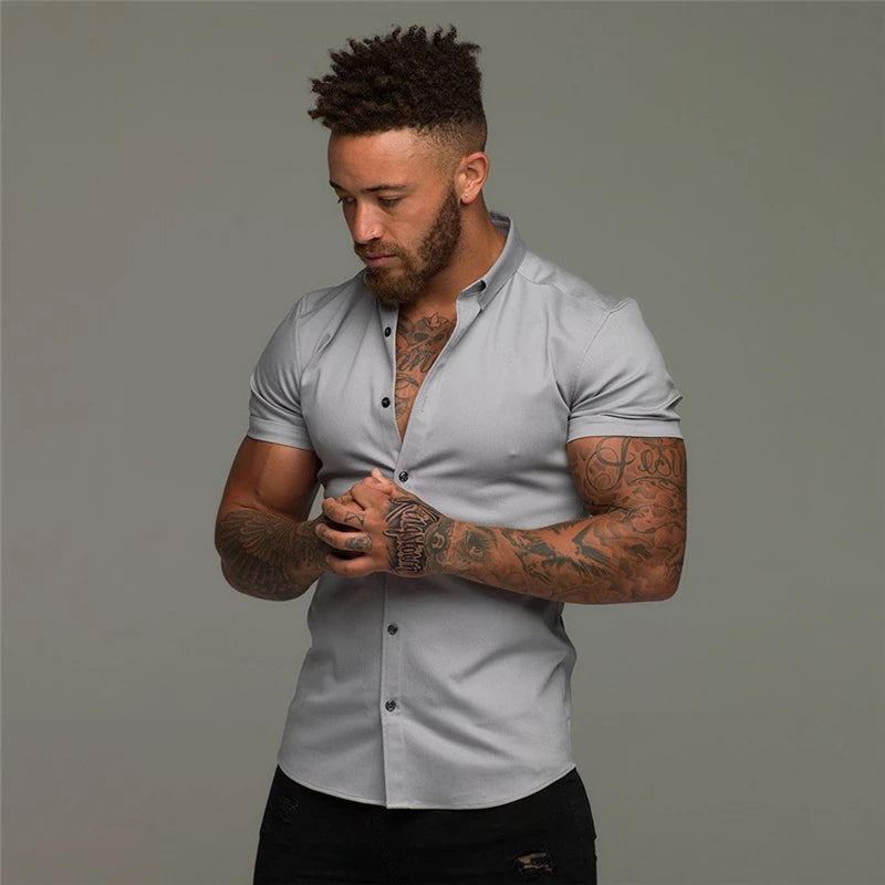 Men’s Summer Short Sleeve Slim Fit Solid Dress Shirt Business Casual Top
