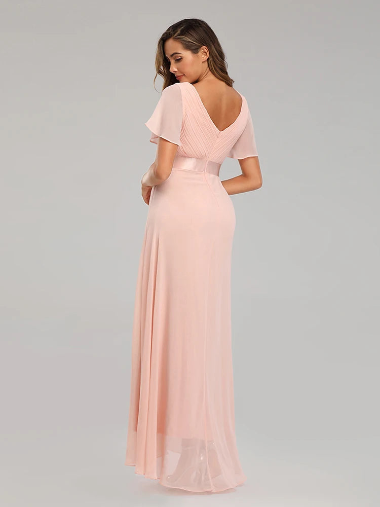XUCTHHC Women's Elegant V-Neck Chiffon Evening Gown - Ruffle Formal Wedding Guest Dress