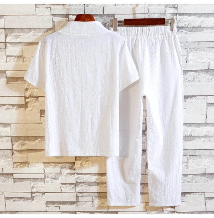 Men’s Summer Cotton Linen Shirt and Pants Set