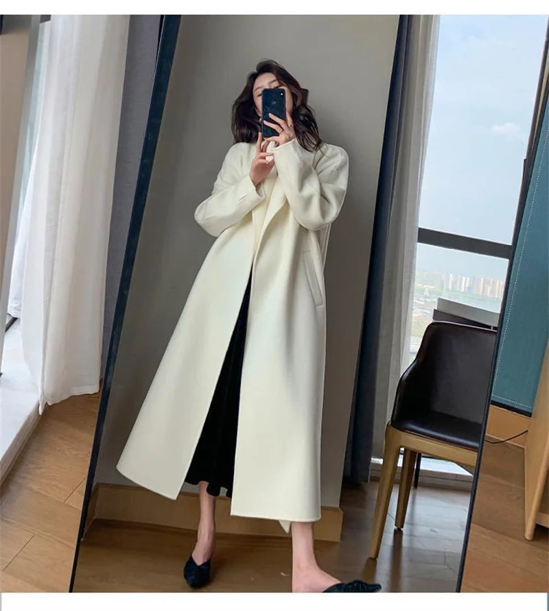 White Woolen Coat Women Autumn And Winter High-End Fashion Temperament Long Thick Blended Wool Windbreaker Female Jacket Belt 99 - trendingshoping.com
