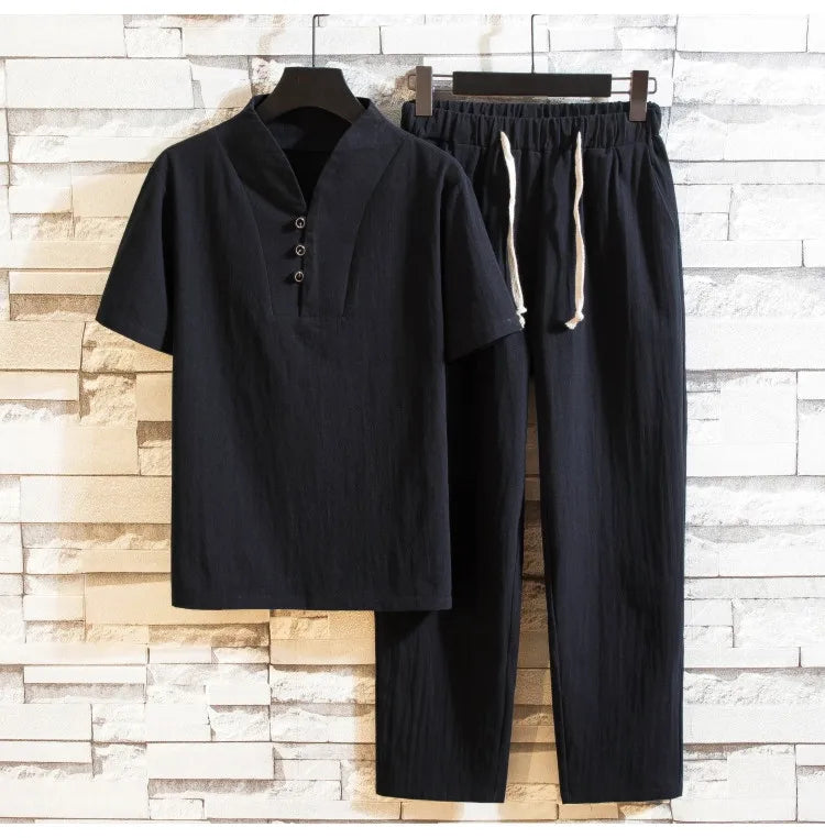 Men’s Summer Cotton Linen Shirt and Pants Set