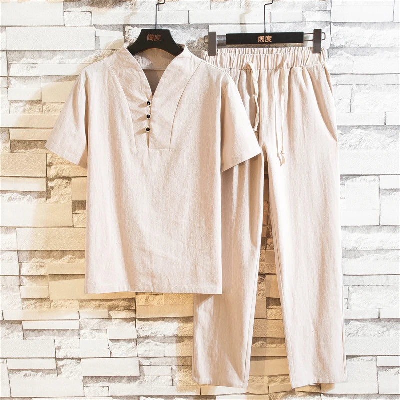 Men’s Summer Cotton Linen Shirt and Pants Set